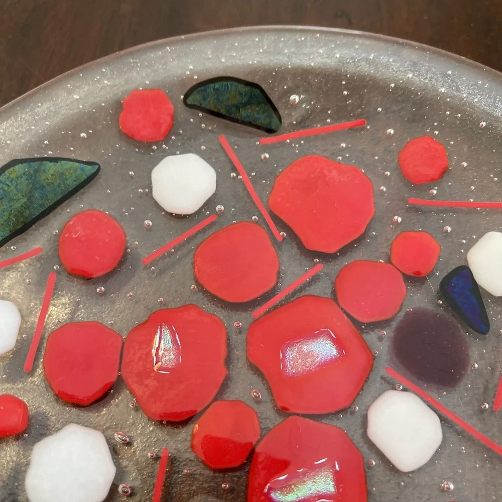 Vintage‎ Studio Art Glass Plate Abstract Geometric Fused Iridescent Red Cobalt
